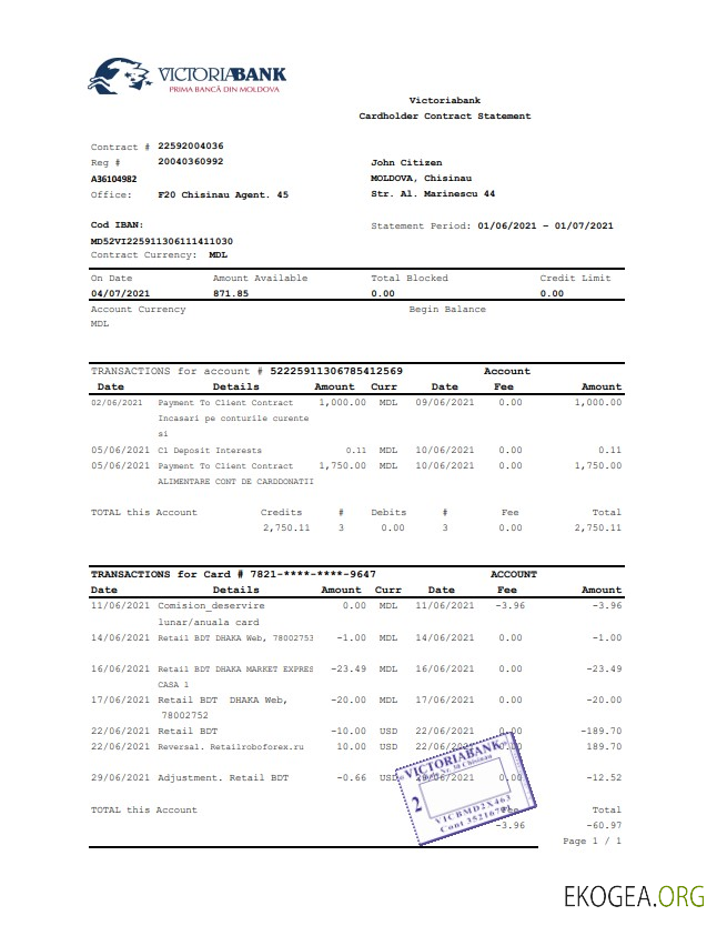 Moldavie Victoriabank excel pdf
